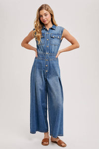 Thumbnail for DENIM SLEEVELESS SHIRT JUMPSUIT: MED.WASH