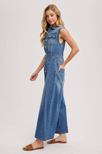Thumbnail for DENIM SLEEVELESS SHIRT JUMPSUIT: MED.WASH