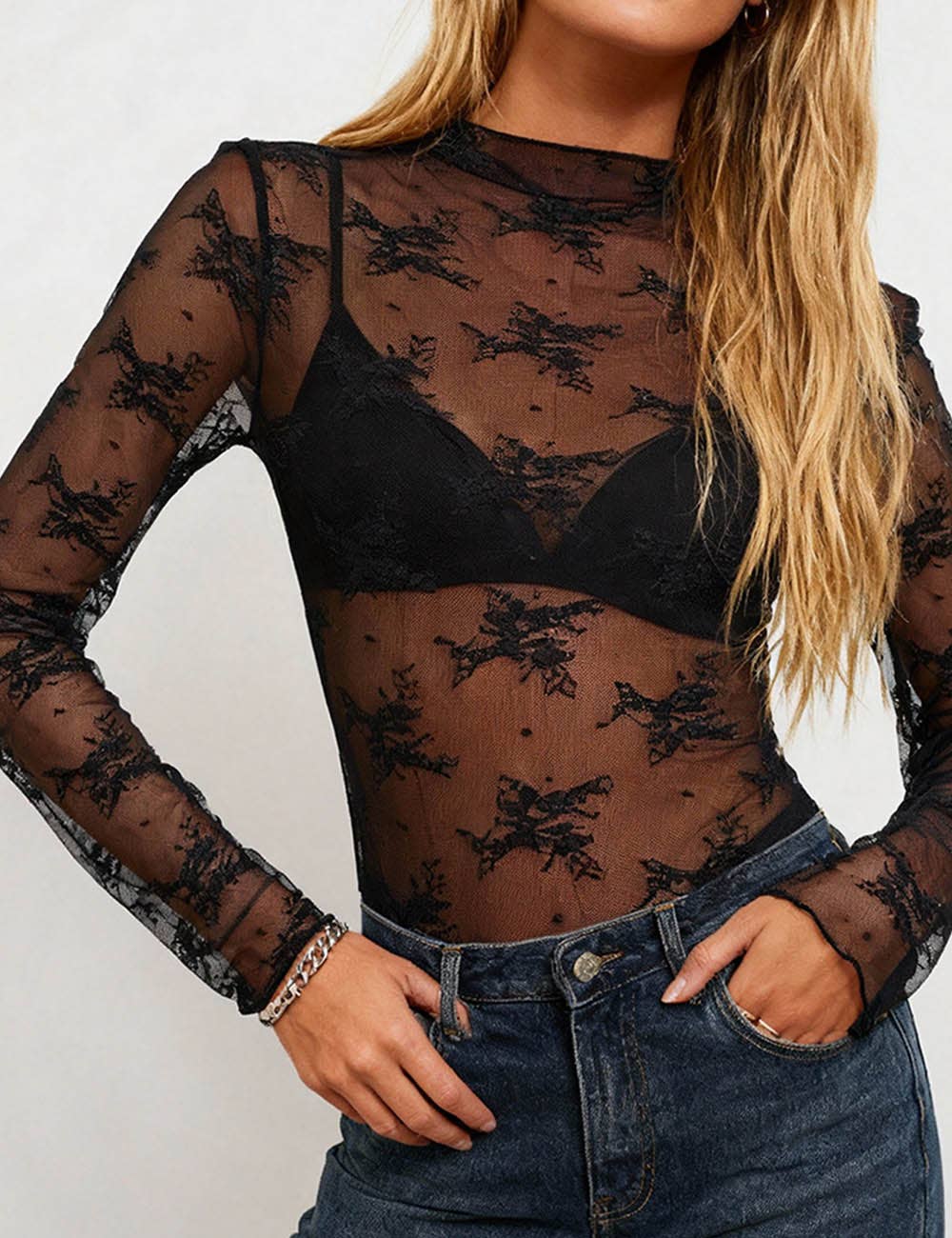 Navy Layering Floral Lace See Through Mesh Top