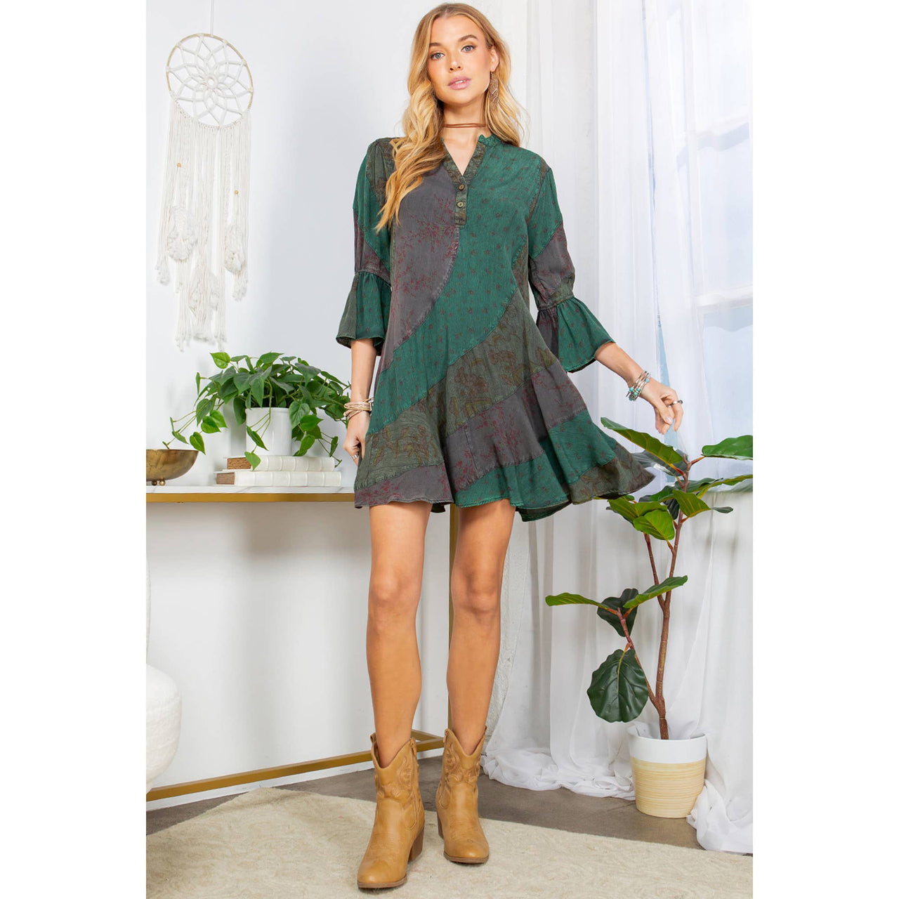 Boho Patchwork Overdyed Babydoll Dress | Young Threads