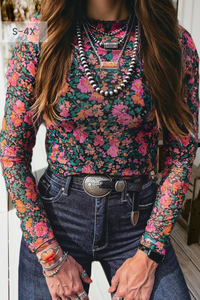 Thumbnail for Floral Mesh Mock Neck Sheer Slim Fit Blouse Multi-Colored size 2X