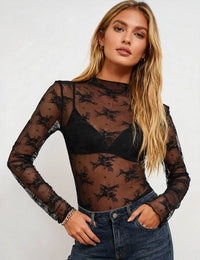 Thumbnail for Navy Layering Floral Lace See Through Mesh Top