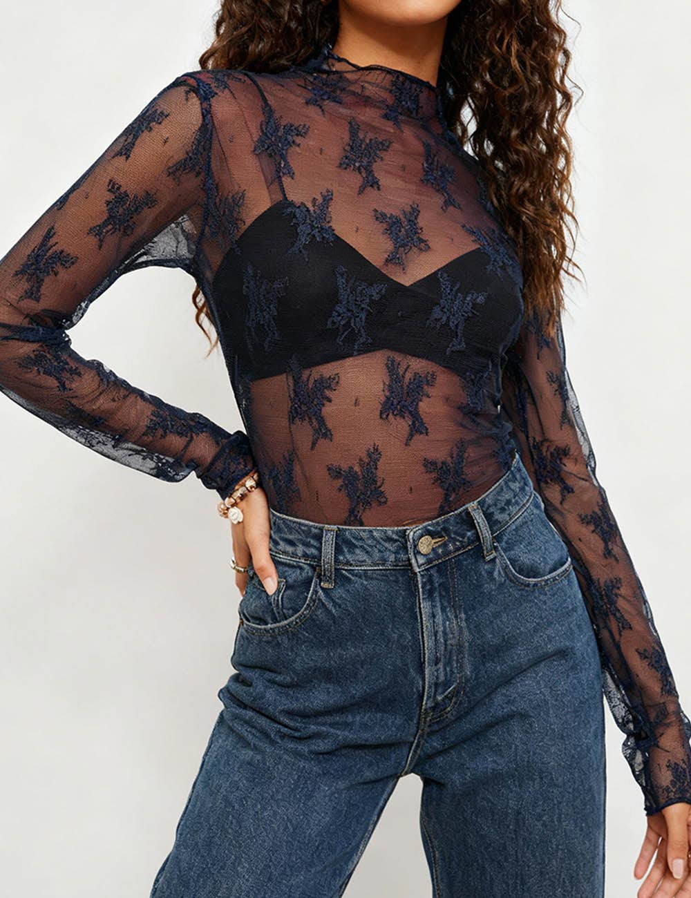 Navy Layering Floral Lace See Through Mesh Top