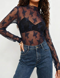 Thumbnail for Navy Layering Floral Lace See Through Mesh Top