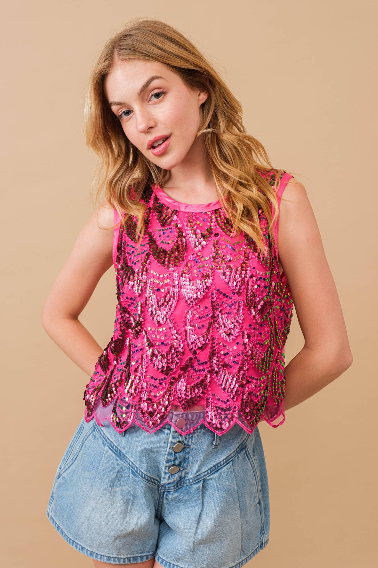 Sequin Scallop Crop Top - hot pink