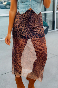 Thumbnail for Leopard Print Mesh Maxi Skirt