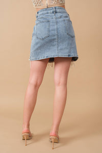 Thumbnail for Stretch Denim Embellished Pearl Fringe Mini Skirt: MED WASH