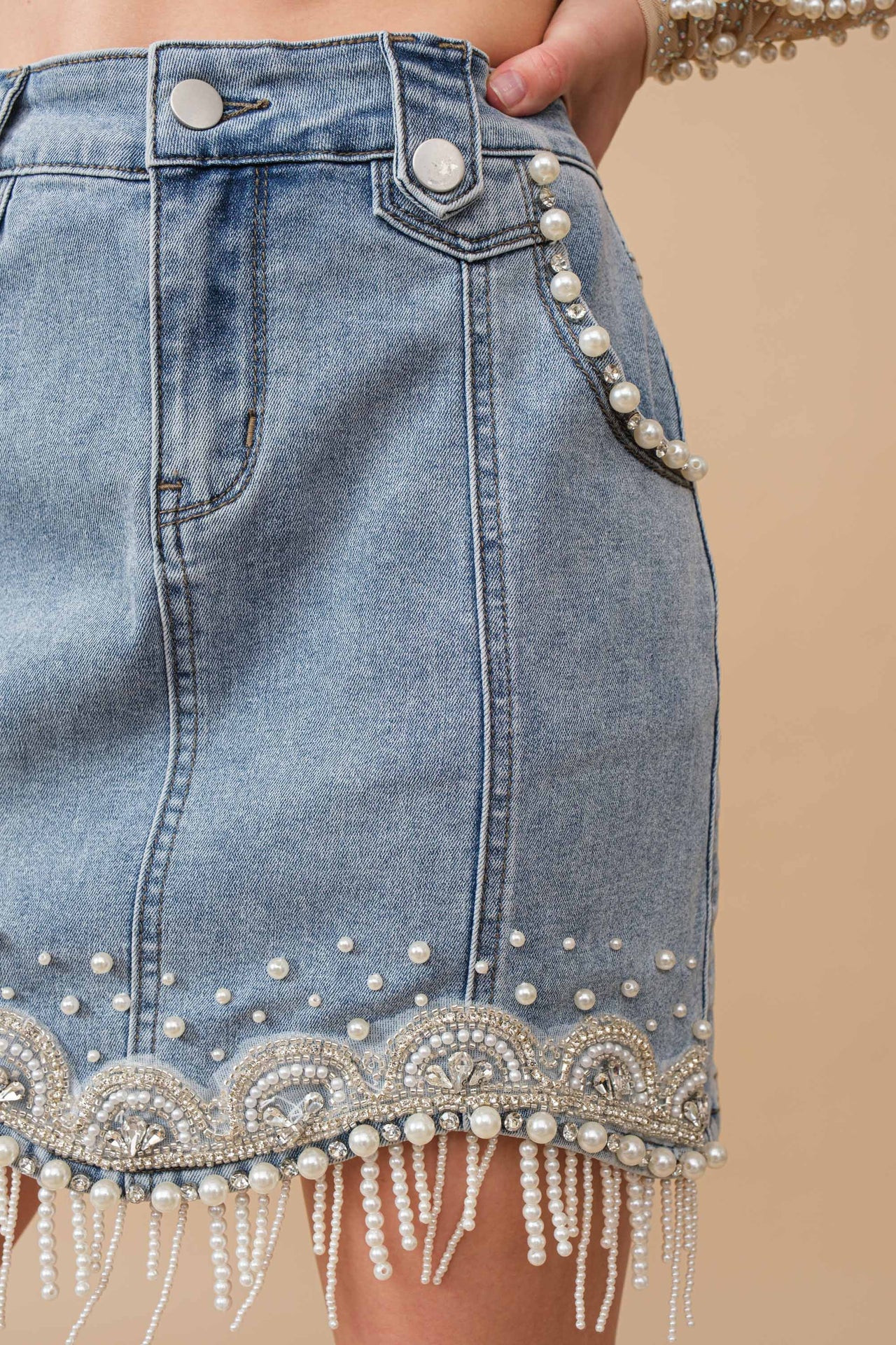 Stretch Denim Embellished Pearl Fringe Mini Skirt: MED WASH