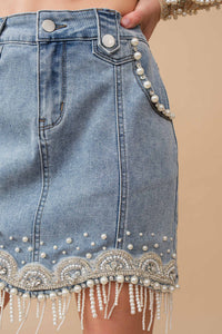 Thumbnail for Stretch Denim Embellished Pearl Fringe Mini Skirt: MED WASH