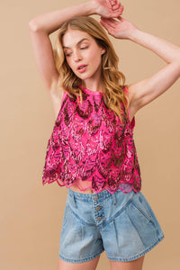 Thumbnail for Sequin Scallop Crop Top - hot pink