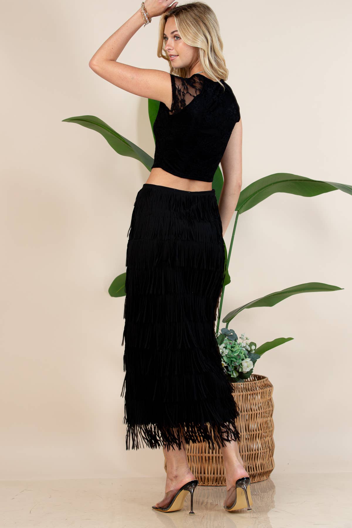 Western Fringed Piñata Midi Skirt: Black