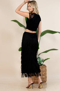 Thumbnail for Western Fringed Piñata Midi Skirt: Black