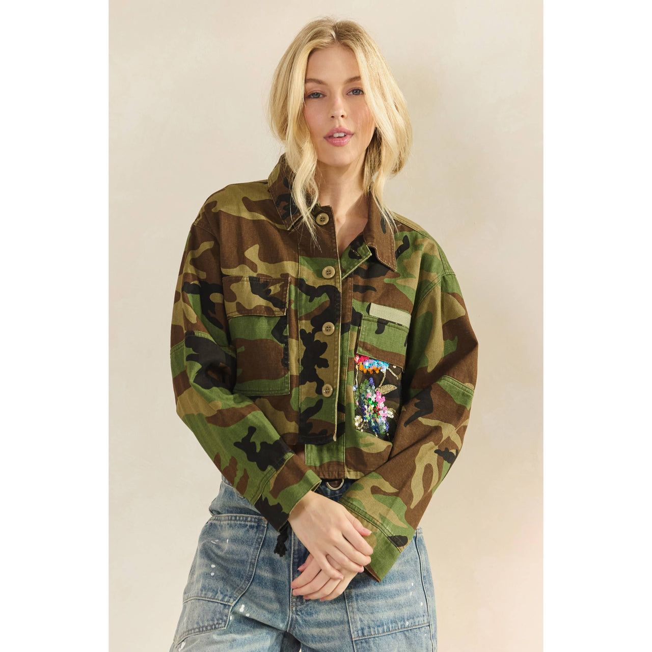 Camo Sequins Contrast Jacket: Camo Sequin