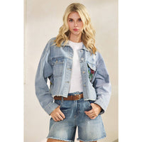 Thumbnail for Classic Denim Jacket with Lace Floral Contrast: Med Wash
