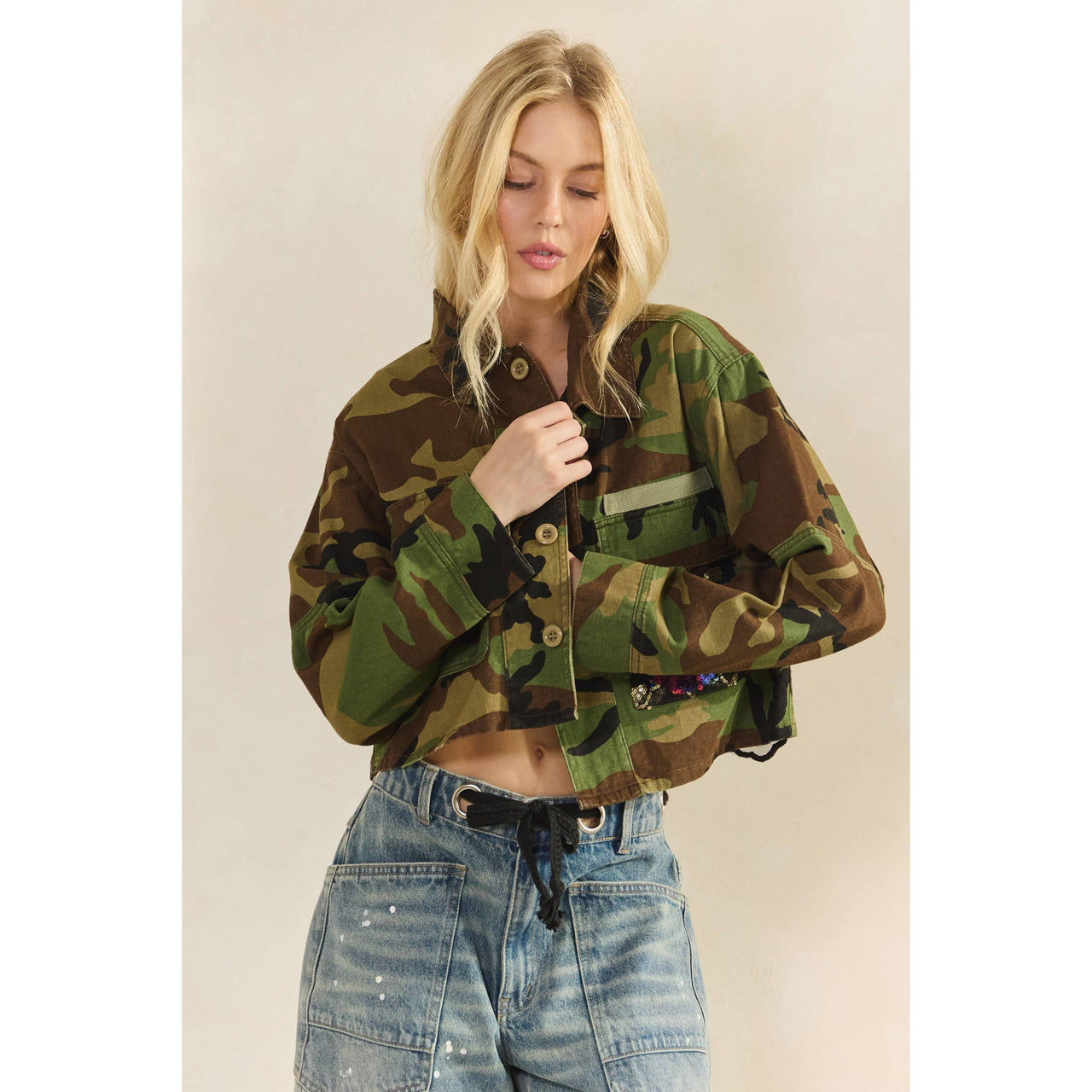 Camo Sequins Contrast Jacket: Camo Sequin