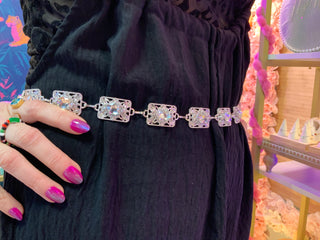 Silver and clear rhinestone adjustable chain belt