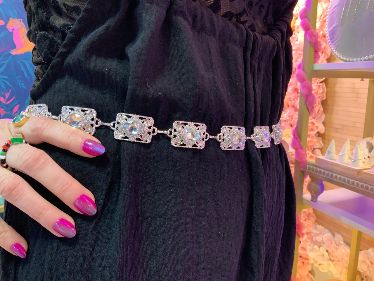 Silver and clear rhinestone adjustable chain belt