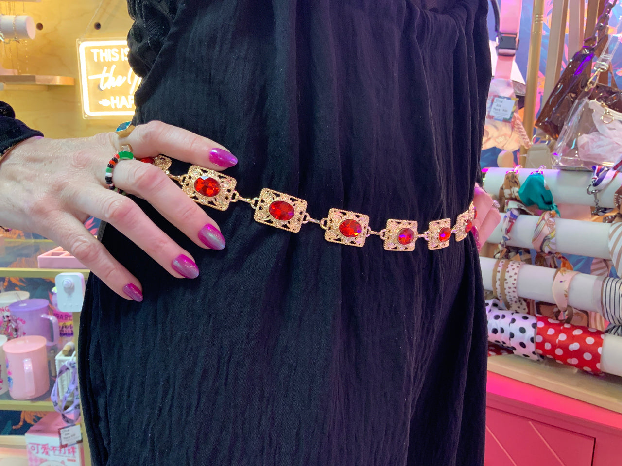Gold and red rhinestone adjustable chain belt