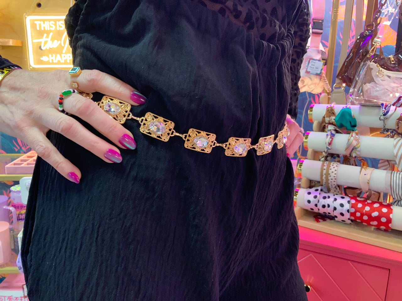 Gold with clear rhinestone adjustable belt