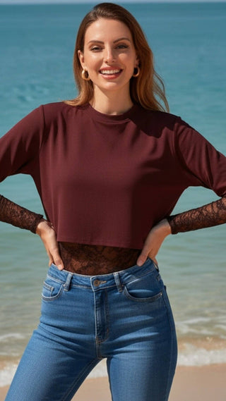 Cotton Lace Mix Bodysuit: Burgundy