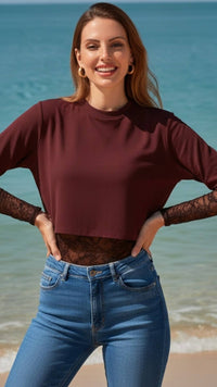 Thumbnail for Cotton Lace Mix Bodysuit: Burgundy