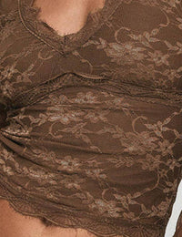 Thumbnail for V-Neck Long Sleeves Lace Bodycon Top: Brown