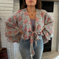 Thumbnail for Silk Flutter Sleeve Tie Top | 100% Silk One Size | blue and pink floral