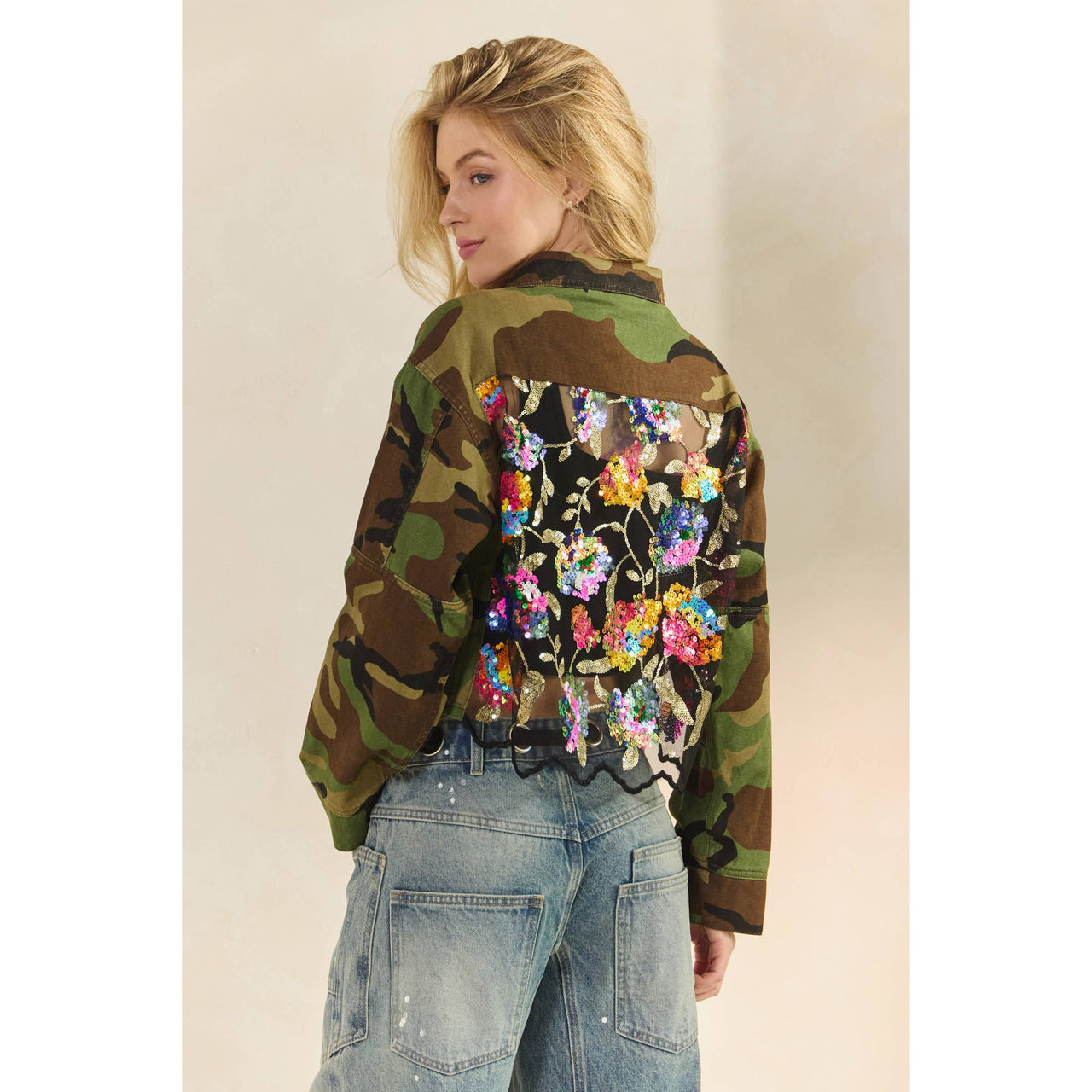 Camo Sequins Contrast Jacket: Camo Sequin