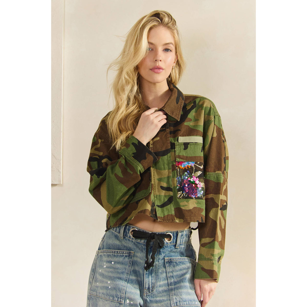 Camo Sequins Contrast Jacket: Camo Sequin