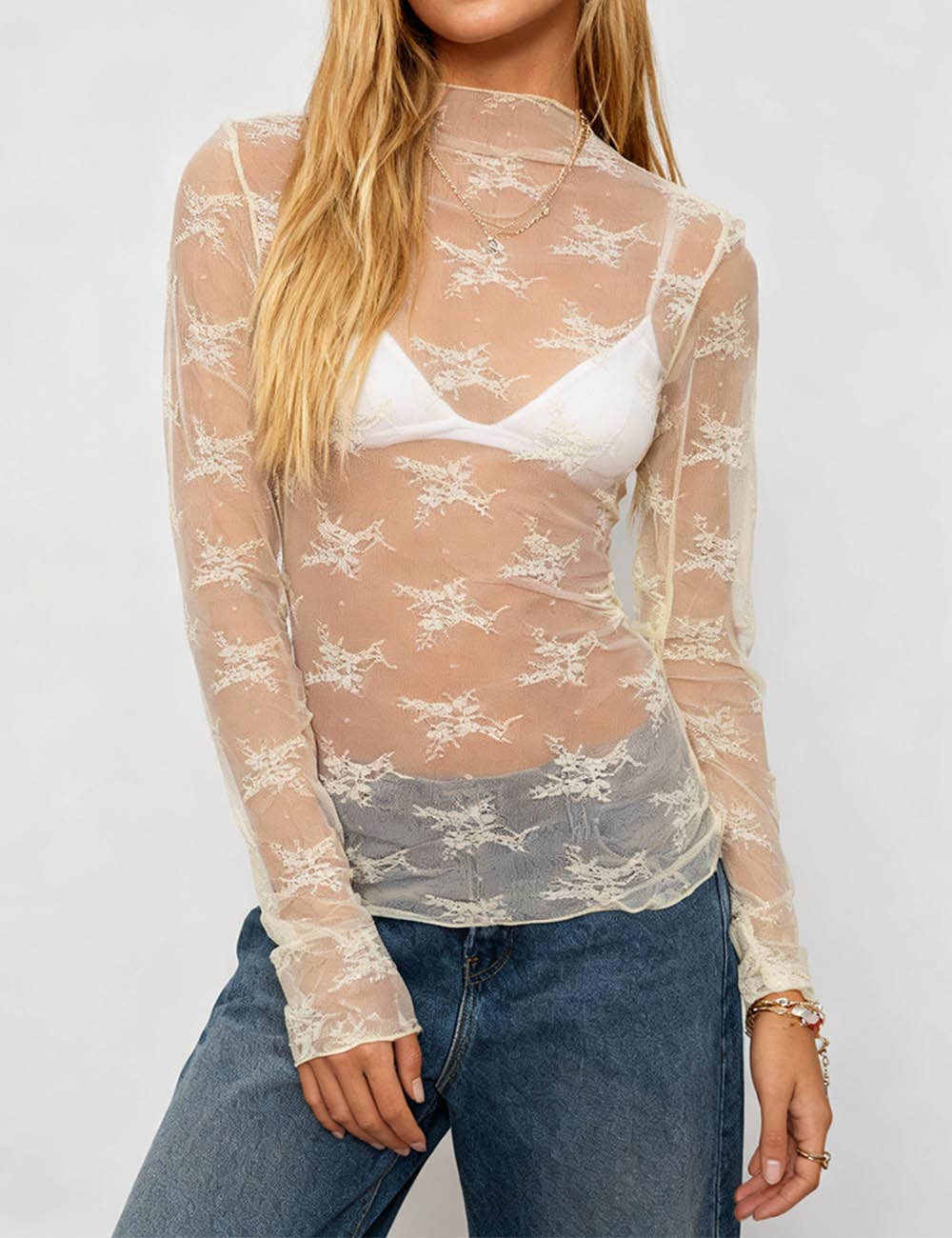Butter Yellow Layering Floral Lace Mesh Top