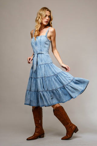 Denim Light Wash Tiered Zip Midi Dress