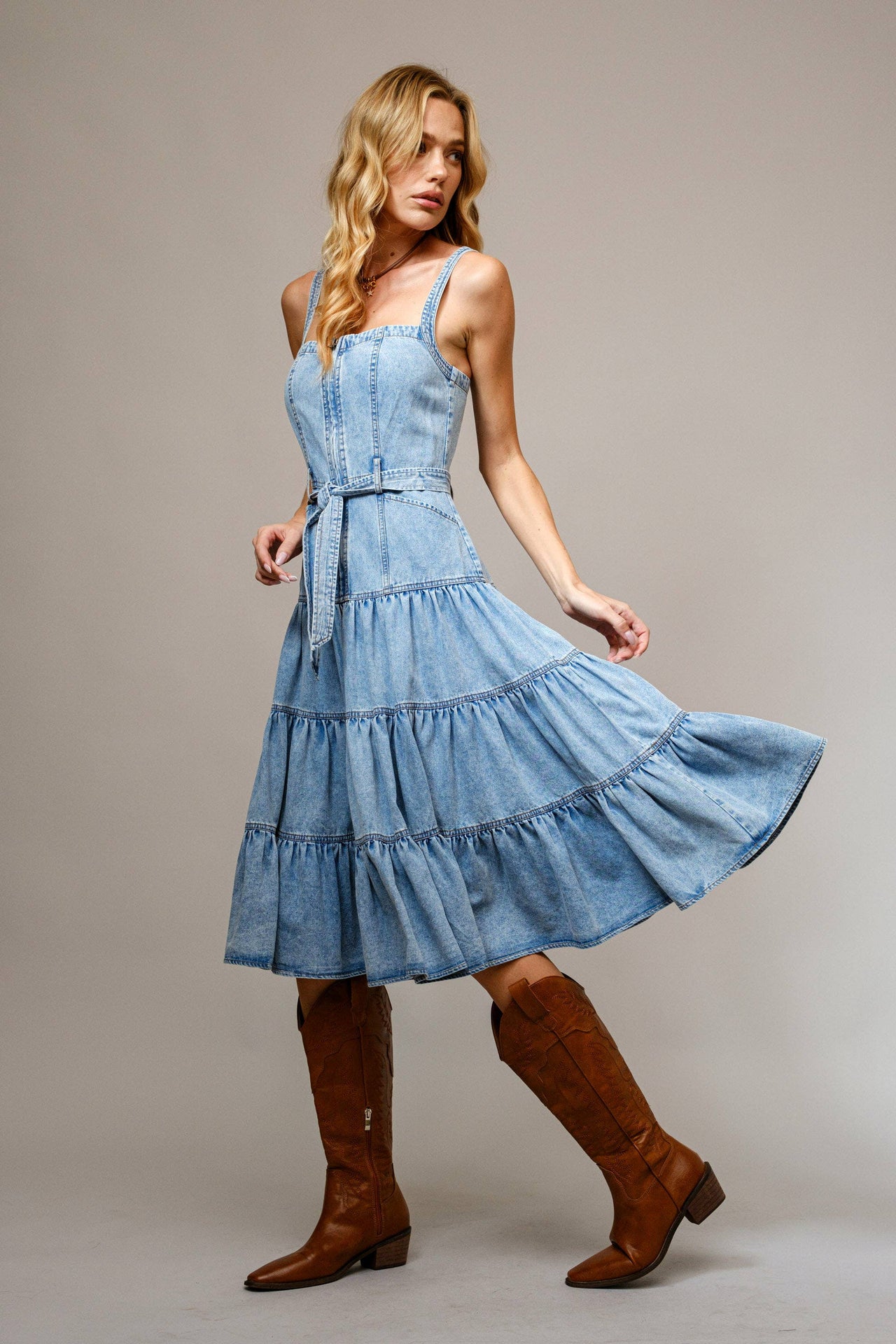 Denim Light Wash Tiered Zip Midi Dress