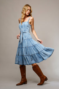 Thumbnail for Denim Light Wash Tiered Zip Midi Dress