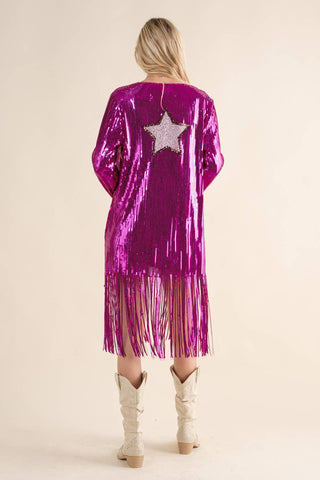 Sequin Fringe Star Back Open Cardigan - hot pink