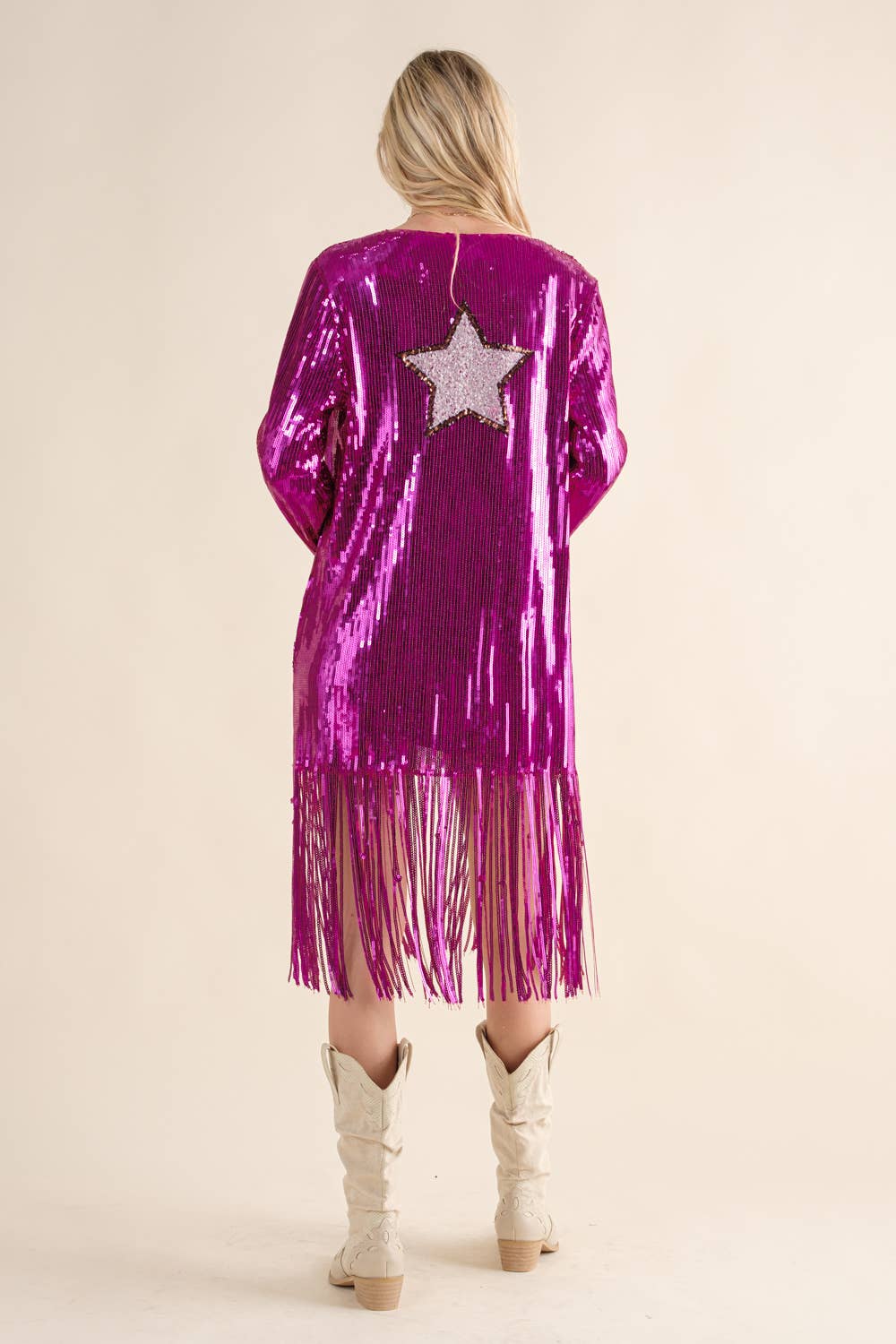 Sequin Fringe Star Back Open Cardigan - hot pink