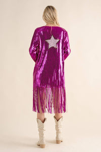 Thumbnail for Sequin Fringe Star Back Open Cardigan - hot pink