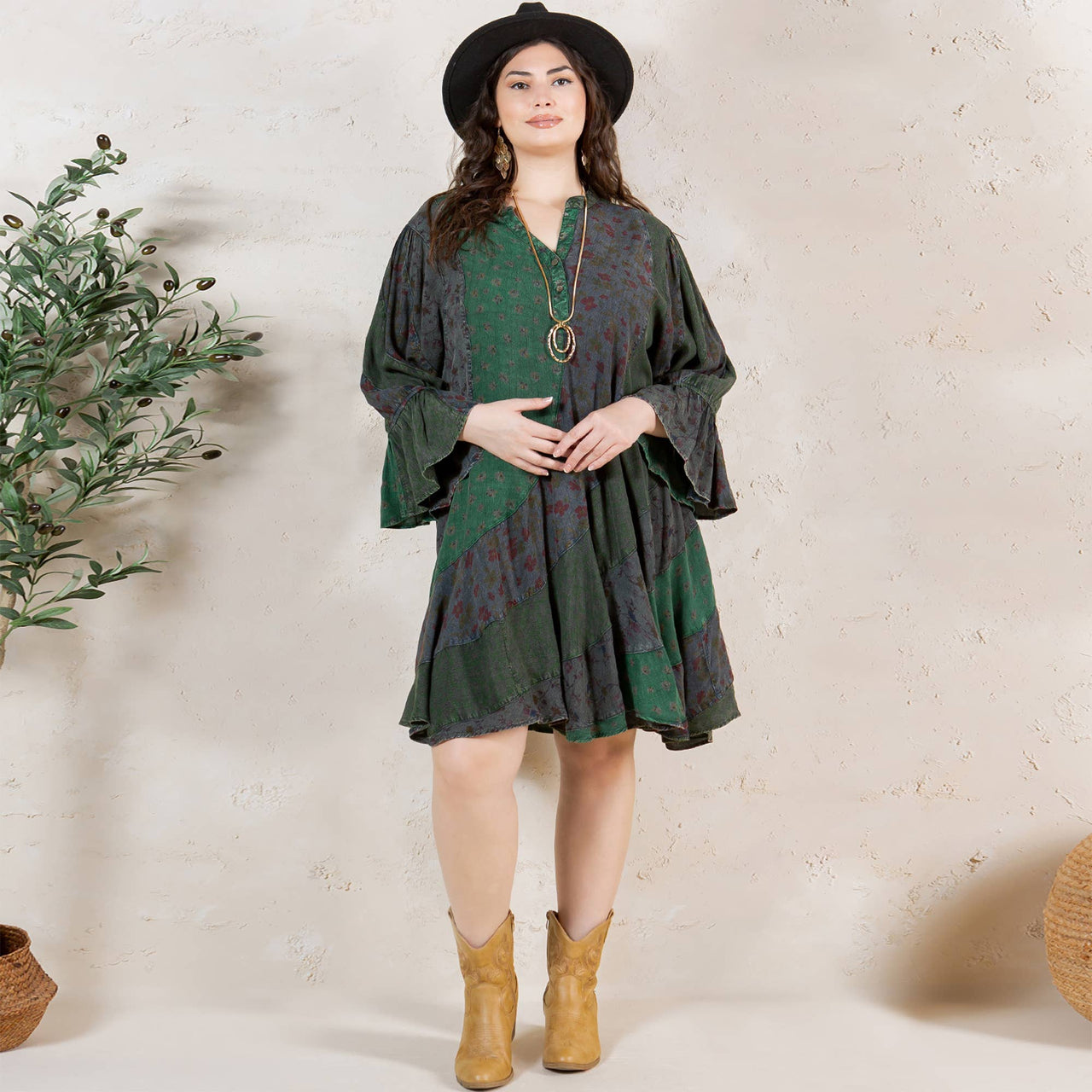 Boho Patchwork Overdyed Babydoll Dress | Young Threads