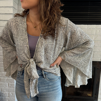 Thumbnail for Silk Flutter Sleeve Tie Top | 100% Silk One Size | Black and White
