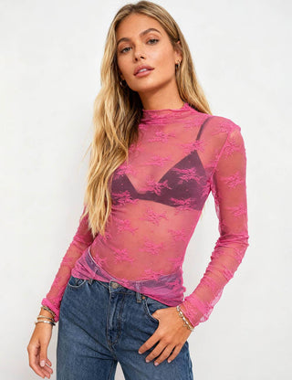 Layering Floral Lace See Through Mesh Top Rose Pink