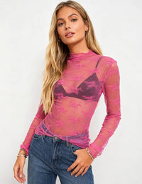 Thumbnail for Layering Floral Lace See Through Mesh Top Rose Pink