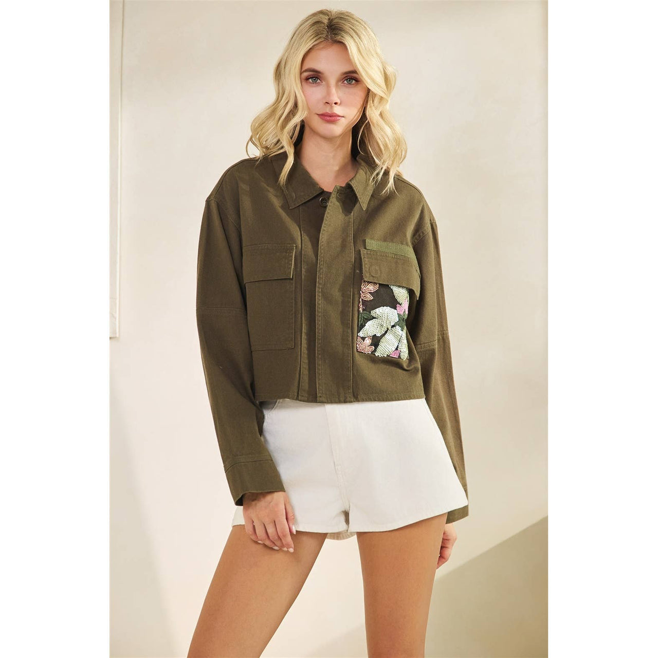 Sequins Contrast Jacket: Olive