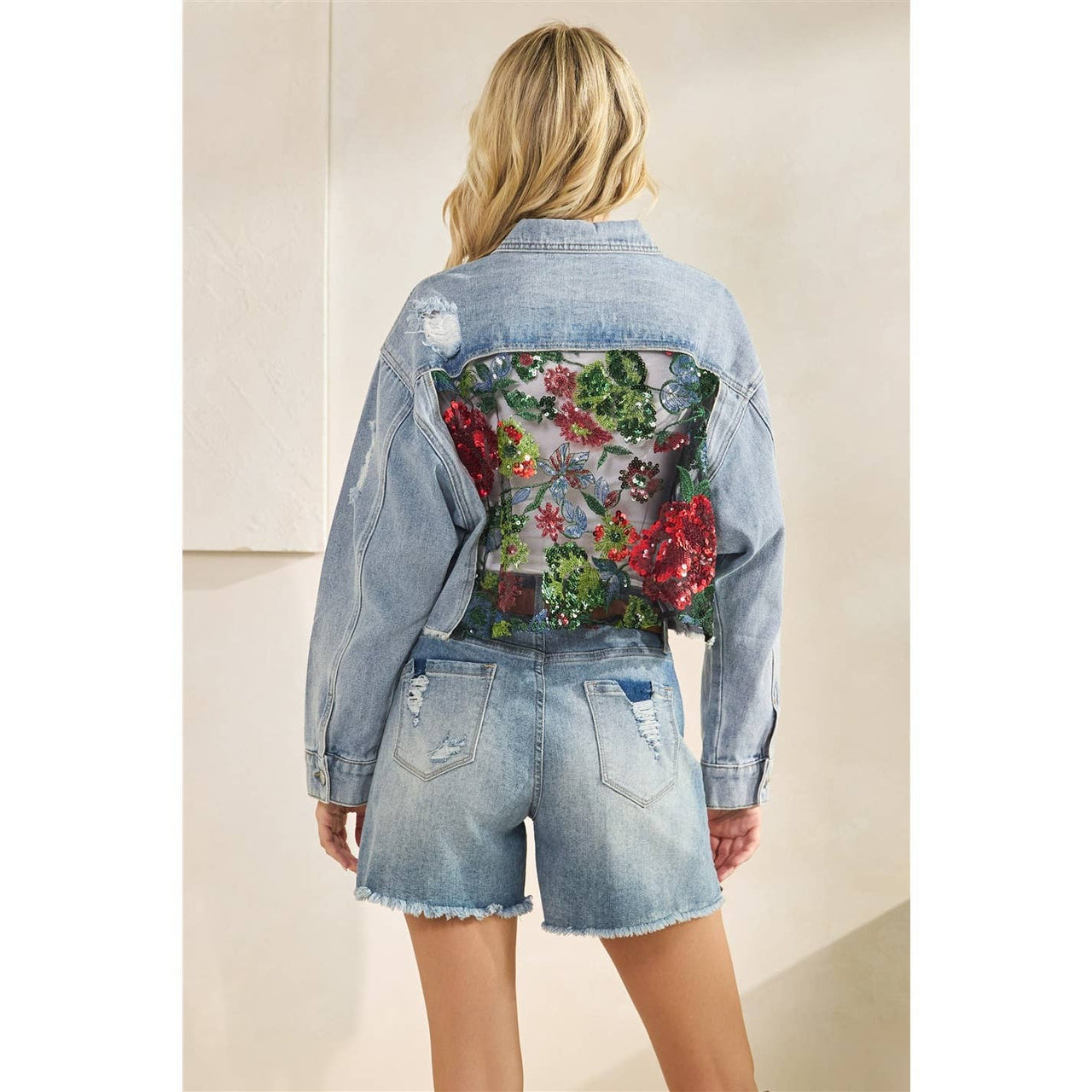 Classic Denim Jacket with Lace Floral Contrast: Med Wash