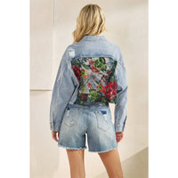 Thumbnail for Classic Denim Jacket with Lace Floral Contrast: Med Wash