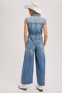Thumbnail for DENIM SLEEVELESS SHIRT JUMPSUIT: MED.WASH