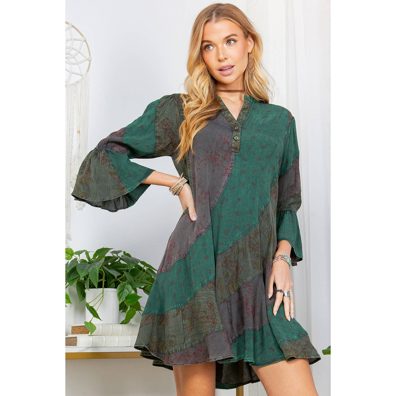 Boho Patchwork Overdyed Babydoll Dress | Young Threads