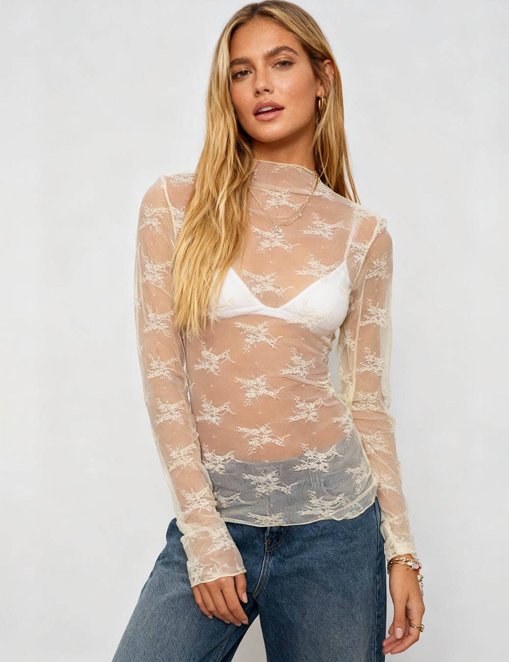 Butter Yellow Layering Floral Lace Mesh Top