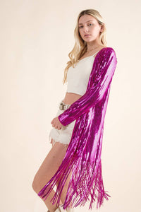 Thumbnail for Sequin Fringe Star Back Open Cardigan - hot pink