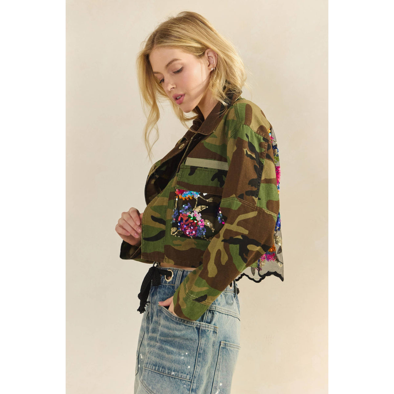 Camo Sequins Contrast Jacket: Camo Sequin