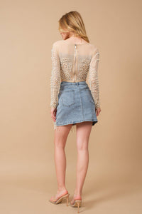 Thumbnail for Stretch Denim Embellished Pearl Fringe Mini Skirt: MED WASH