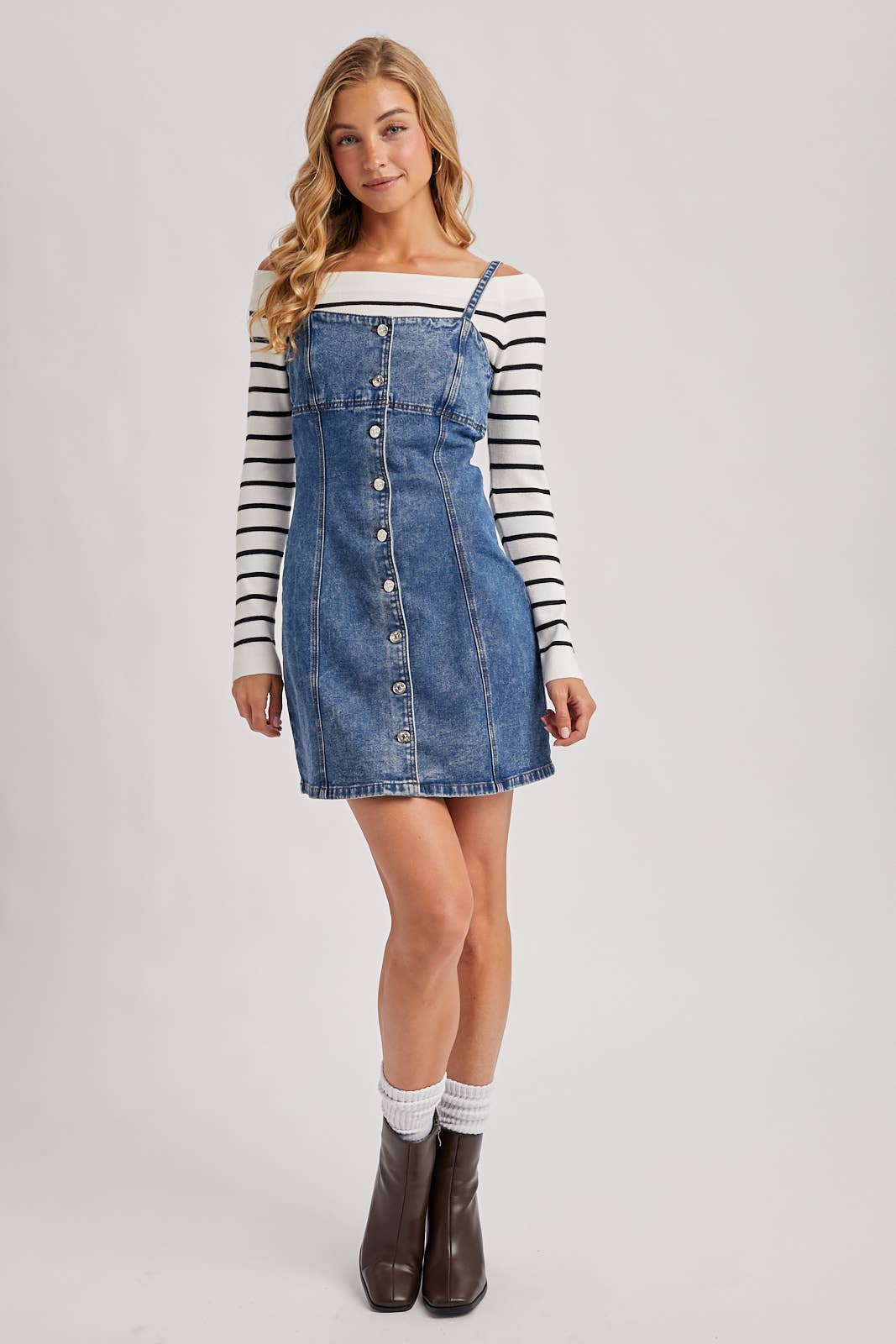DENIM BUTTON DOWN MINI DRESS: LT.WASH